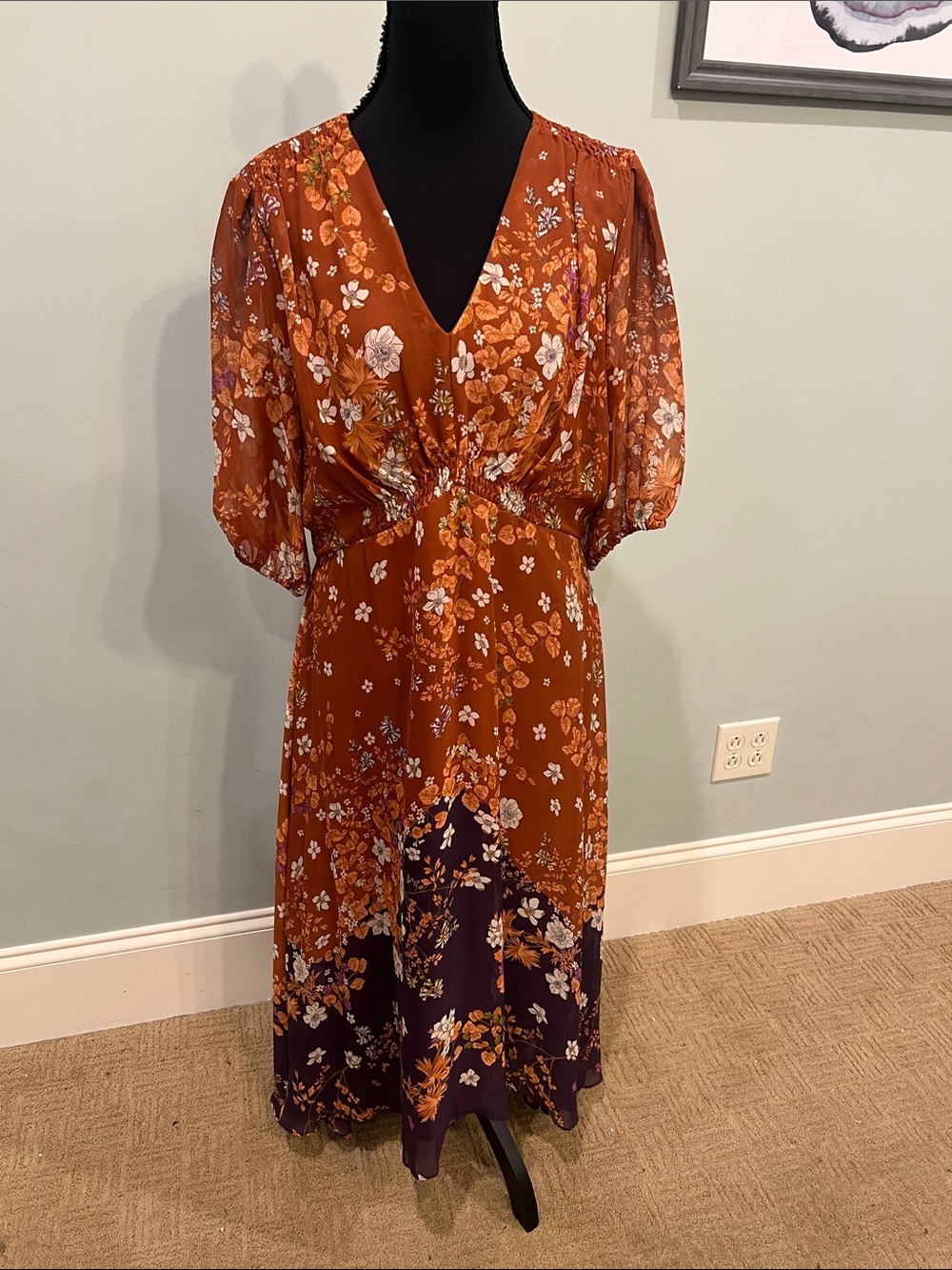 Maison Tara Rust Floral V-Neck Midi Dress with Dark Hem